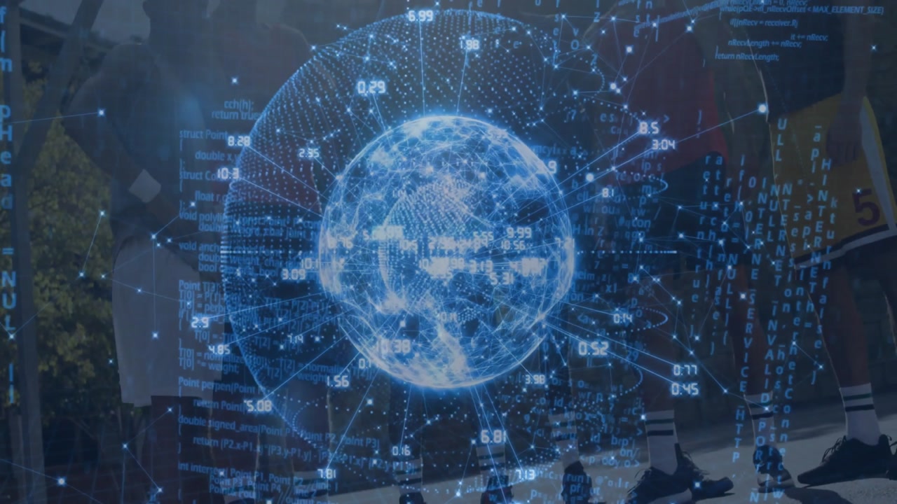 Six men sitting on plaza, sequence initiating rotating hologram projecting data for tech