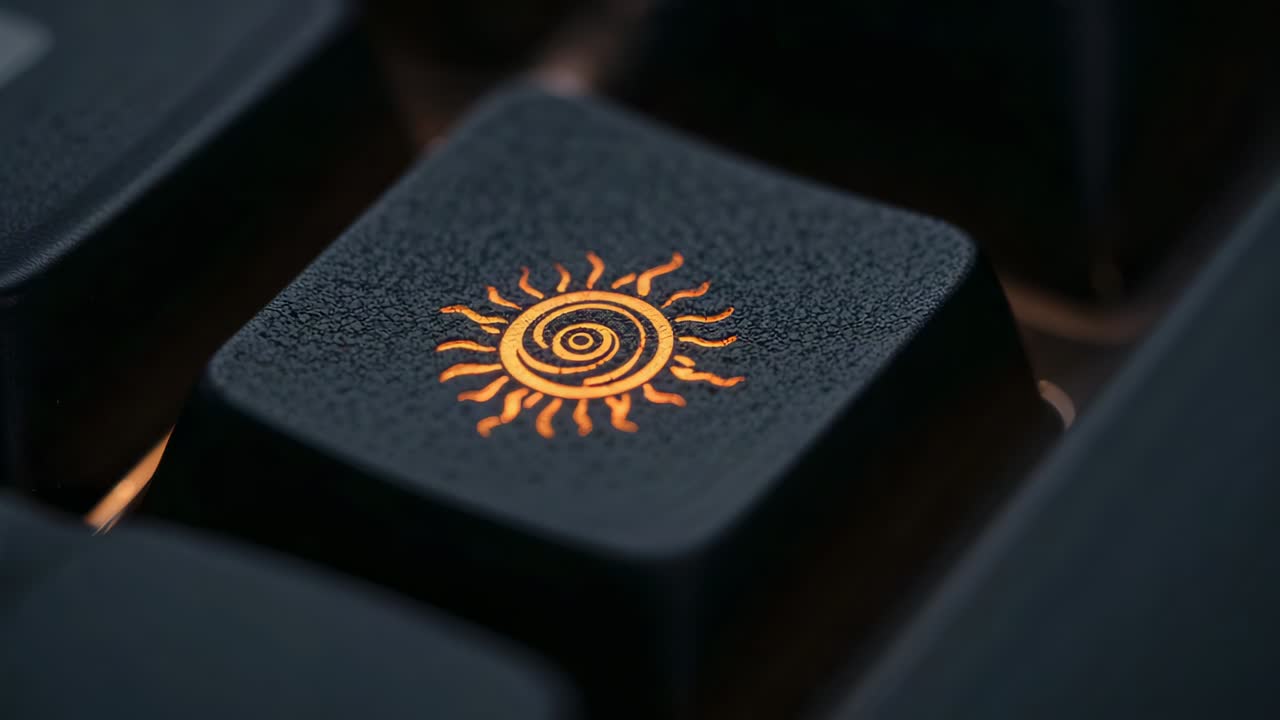Pulling camera, single textured black keycap revealing orange spiral sun at studio, showing texture