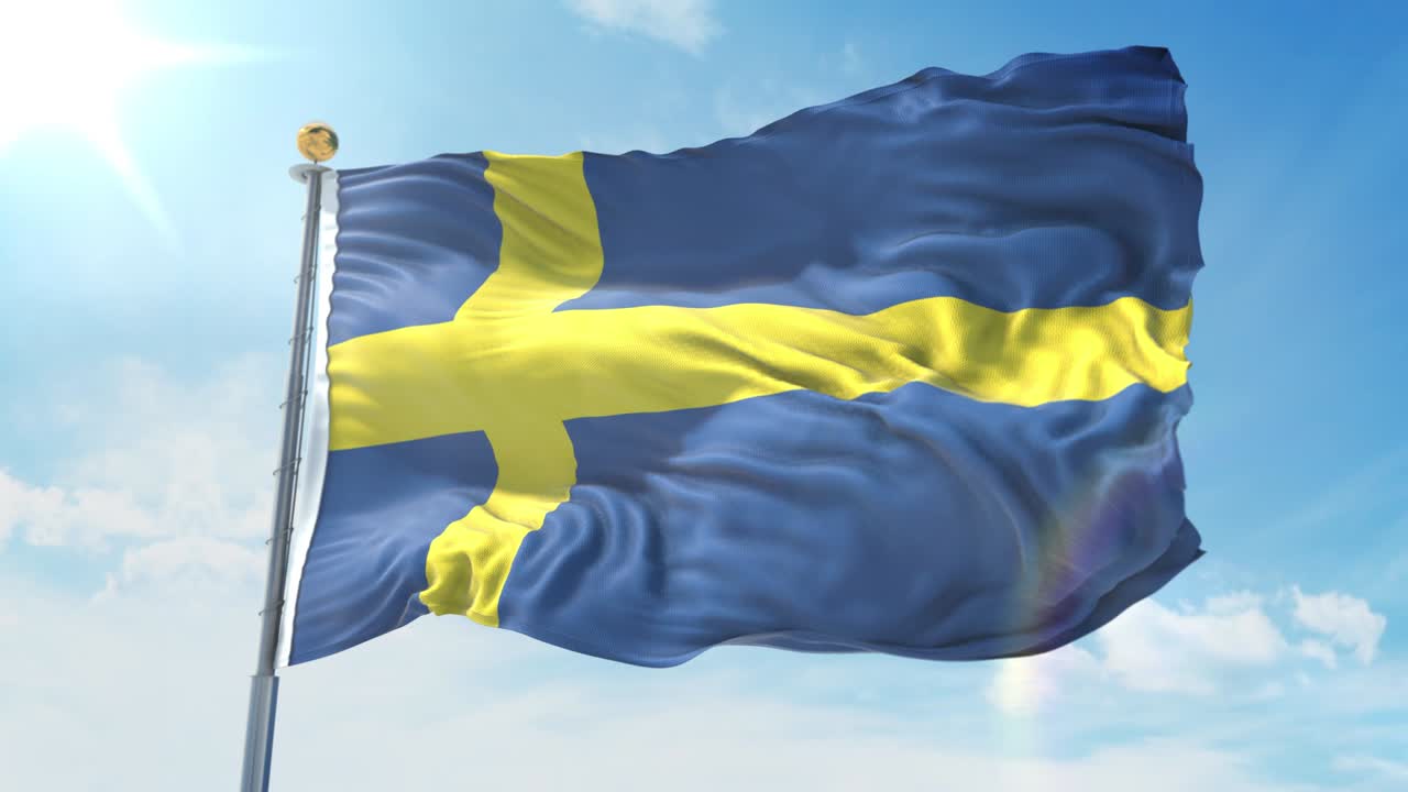 깊은 파란 하늘을 배경으로 바람에 흔들리는 스웨덴 발, 국가 테마, 국제 개념, 3d 렌더링, 시엄리스 루프, 4k