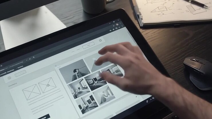 Web designer usando tablet touchscreen para edição de layout de site