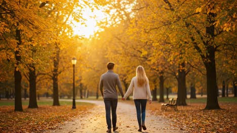 Couple walking hand-in-hand in an autumnal park at sunset