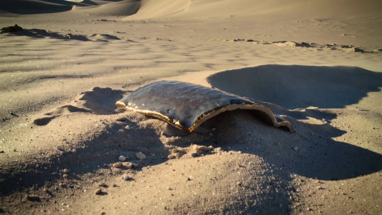 Starting low camera pan revealing horseshoe crab carapace on rippled sand, showing dunes