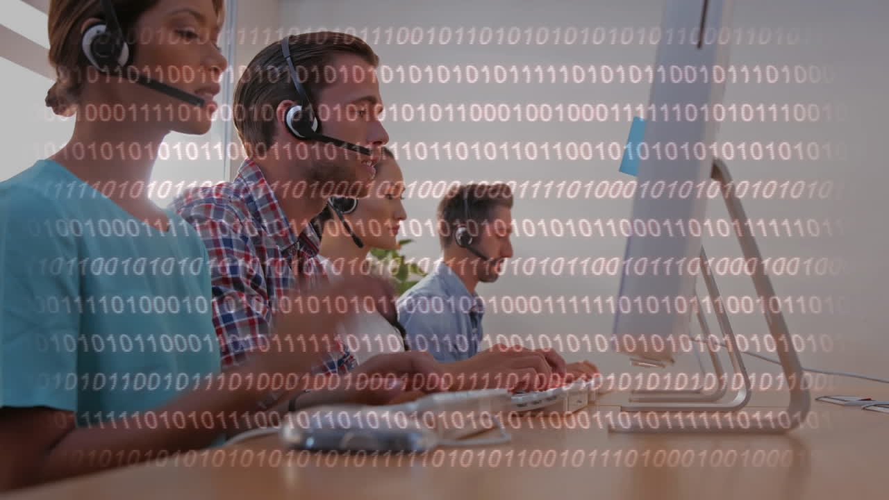 Animation of binary code over people wearing phone headsets