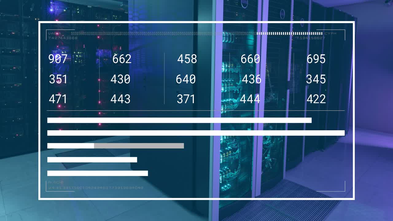 Animasjon av tall på skjermen over dataserverrack.