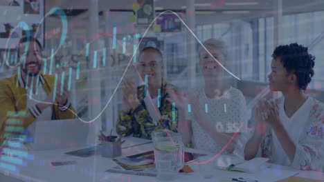 animation of financial data processing over diverse business people in office