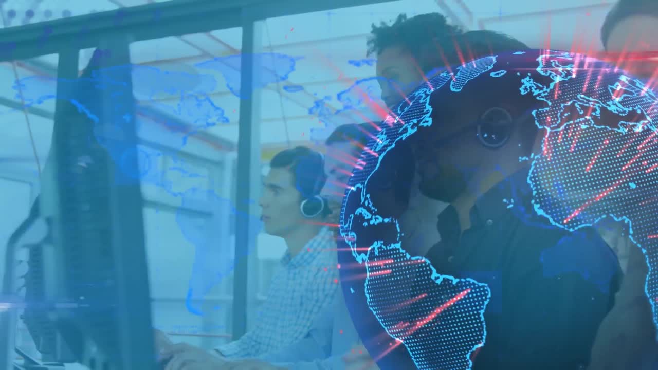 Animation of spinning globe over african american woman training team of executives at office