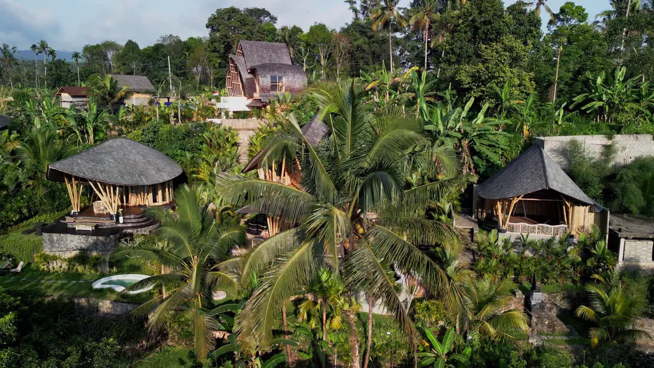Balinese bamboo resort set in lush valleys invite travelers to enjoy natural elegance, palm forest views, and a pool nestled among gardens, creating a tranquil tropical retreat