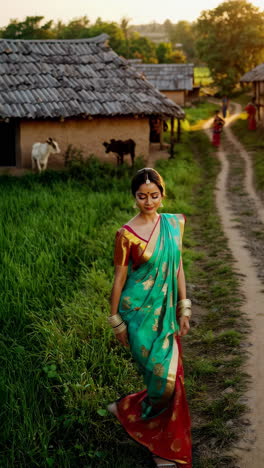 woman in a sari, rural indian village
