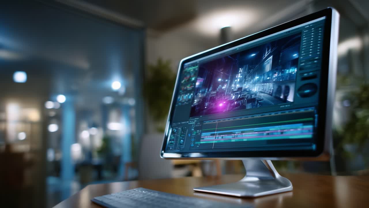 Un'area di lavoro moderna con un monitor che mostra un vivace software di editing con immagini colorate e uno sfondo accogliente, perfetto per i professionisti creativi