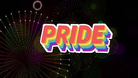 animation of pride rainbow text and fireworks exploding on black background