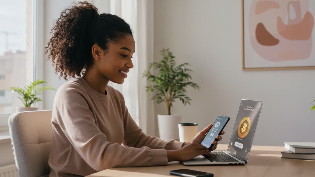 Engaged in Cryptocurrency Trading: A Young Woman Uses Her Laptop and Smartphone to Monitor Bitcoin Values in a Bright, Stylish Workspace