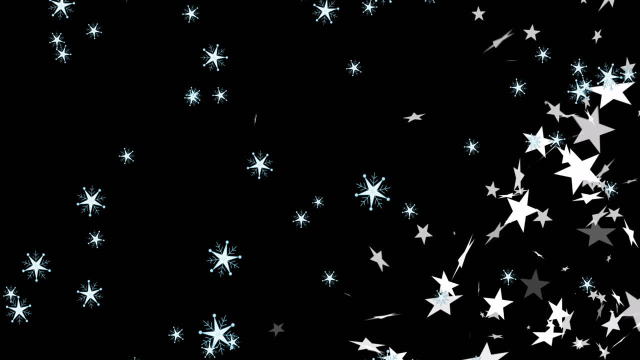 animación de estrellas de navidad y copos de nieve cayendo sobre un fondo negro