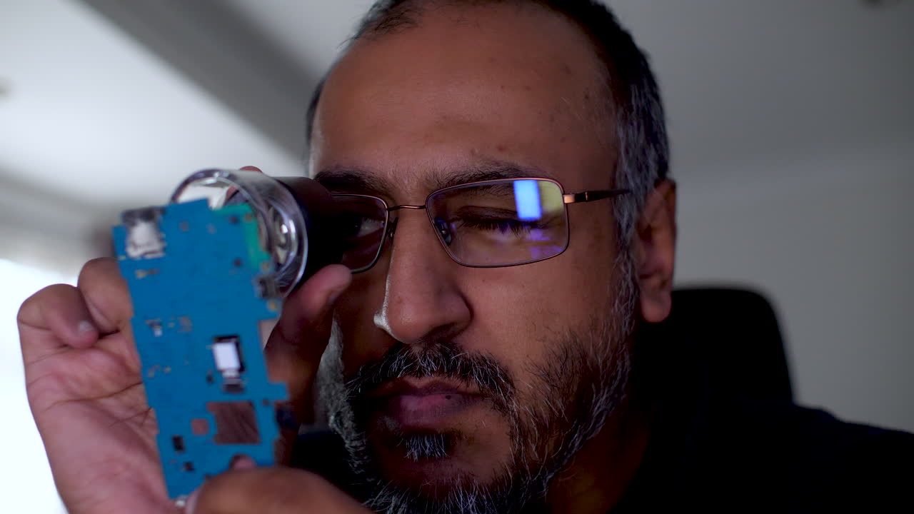 South Asian IT engineer is inspecting a motherboard with a loupe. He is repairing computer hardware and checking the circuit board for damage performing electronics maintenance