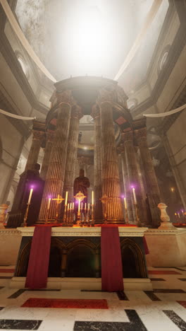 interior of a church with ornate altar and columns