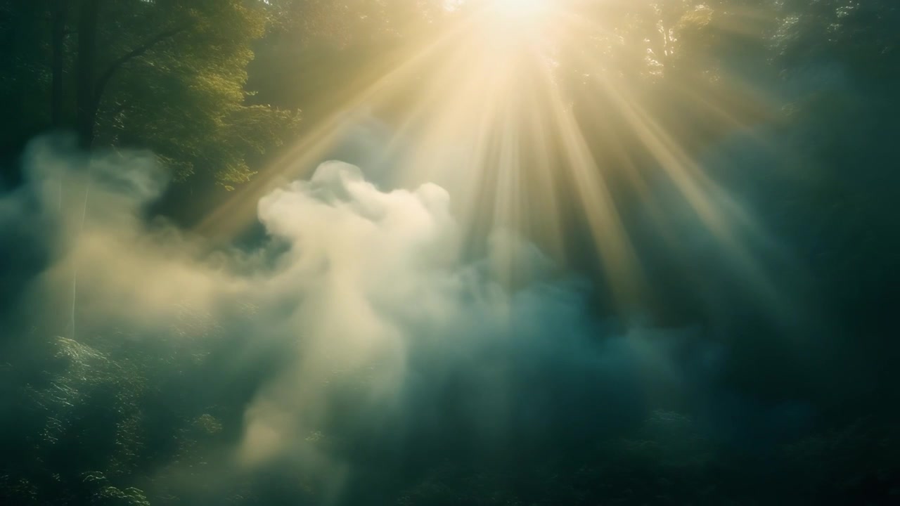 Luz solar penetrando na névoa densa da floresta