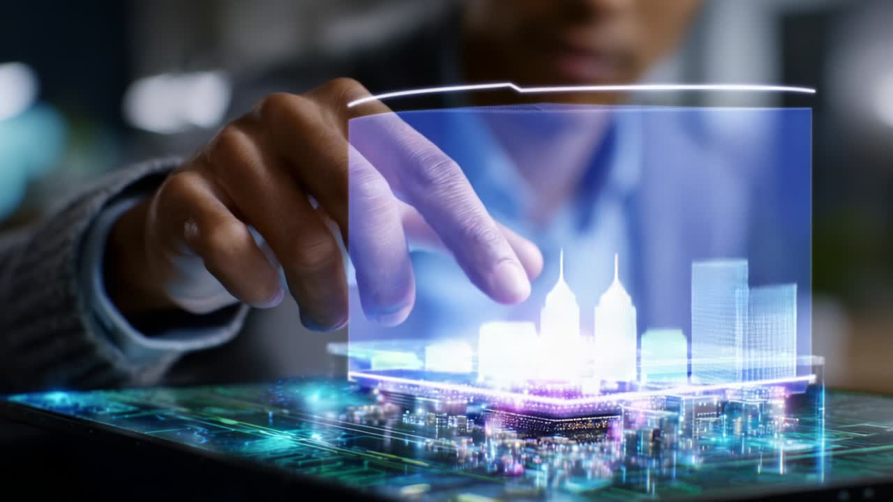 Exploring the Future of Technology: A Close-Up on an Innovative Individual Manipulating a Holographic Interface to Transform Digital Concepts into Dynamic Architectural Visualizations