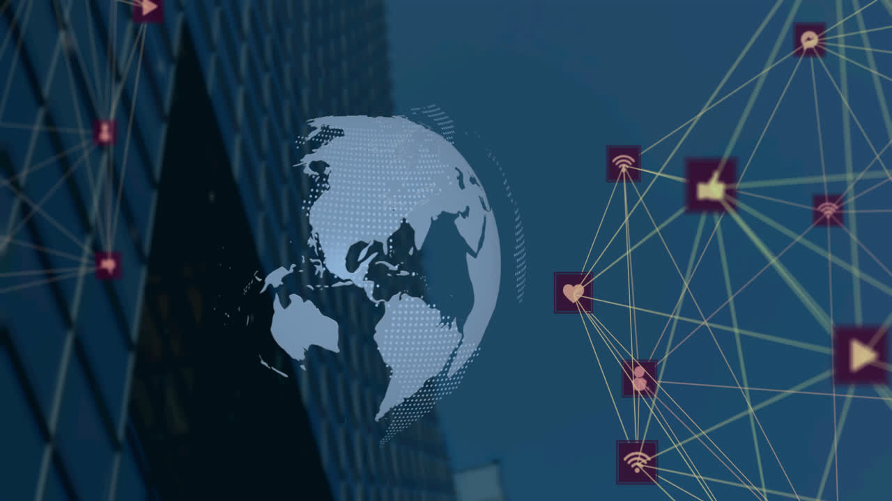 Animation of network of connections with icons over cityscape