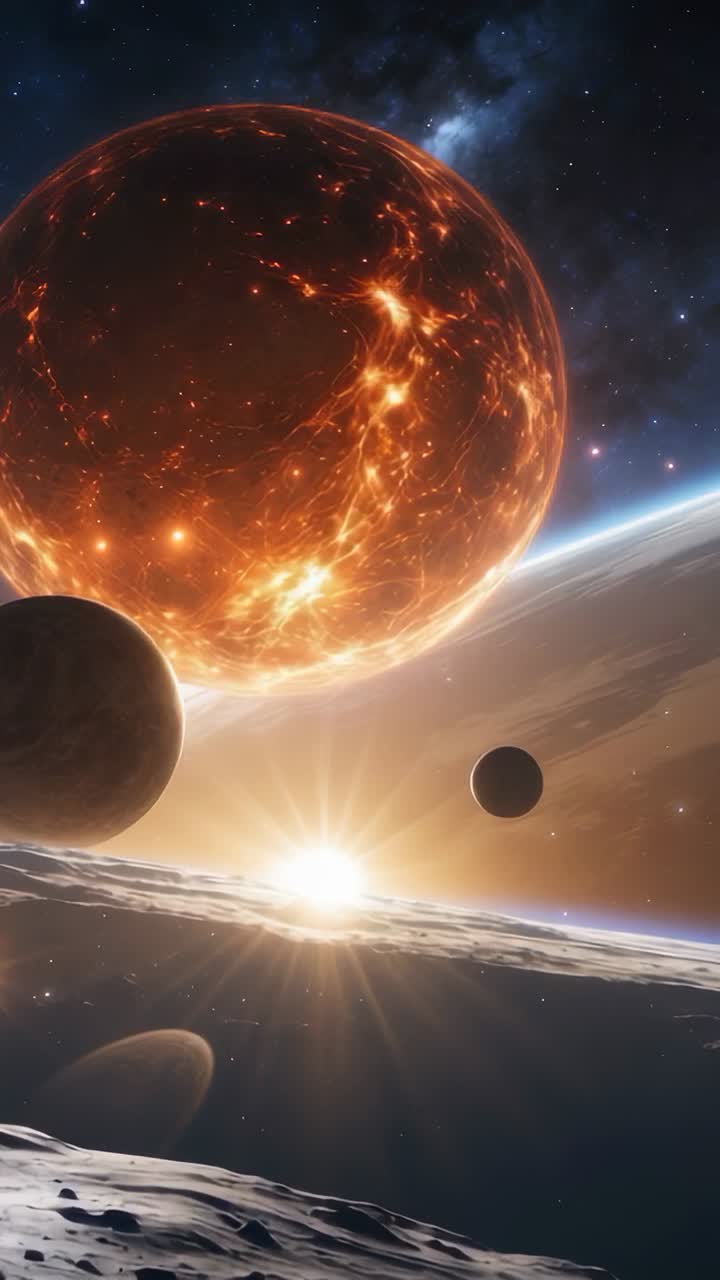 Vertical video: Appearing sunrise illuminating molten planet over craters, with moons and stars
