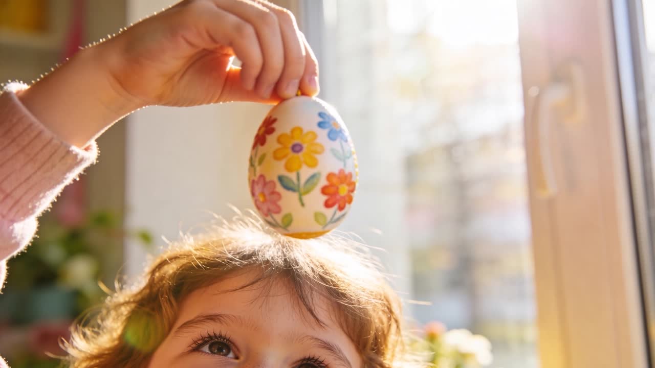 Adult hand lowering painted egg over child's head by sunlit window, marking Easter ritual