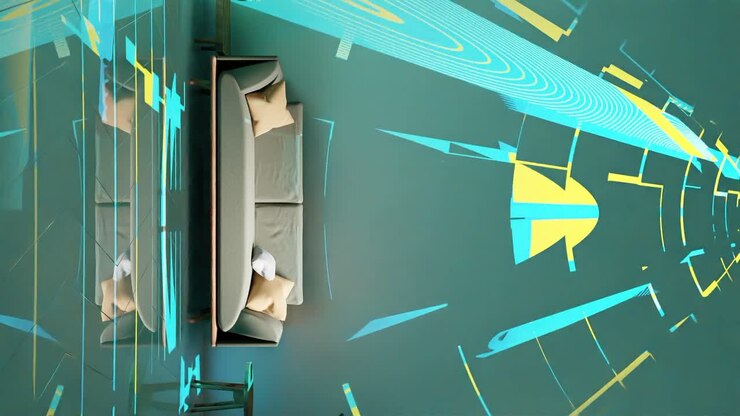 luce disco 80s vintage musica retro in moderno soggiorno appartamento 3d rendering animazione interior design