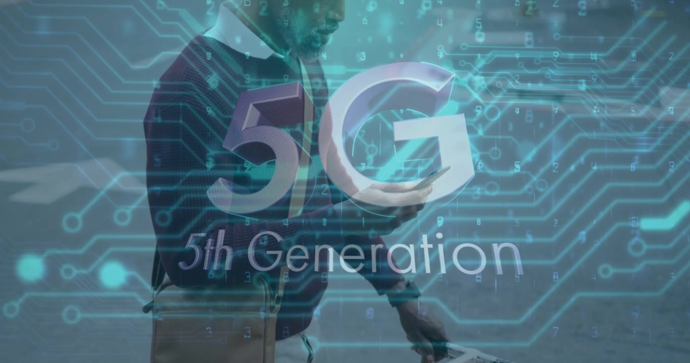 Man Walking in City with 5G Technology Overlay