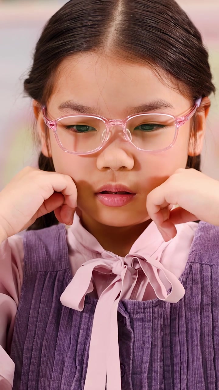 Primo piano di una giovane ragazza pensierosa con occhiali rosa che si concentra durante una lezione in classe.