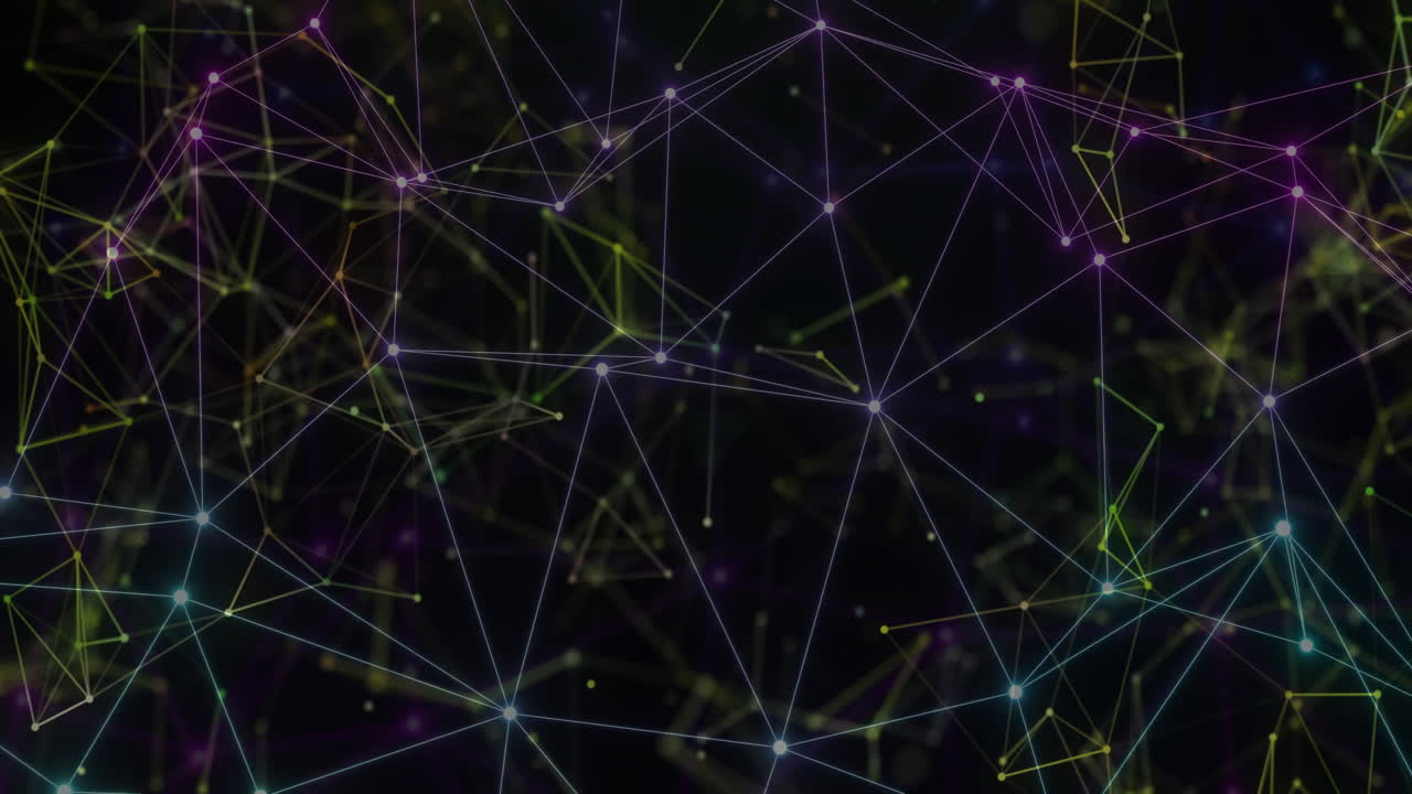 Animation of network of connections over shapes on black background