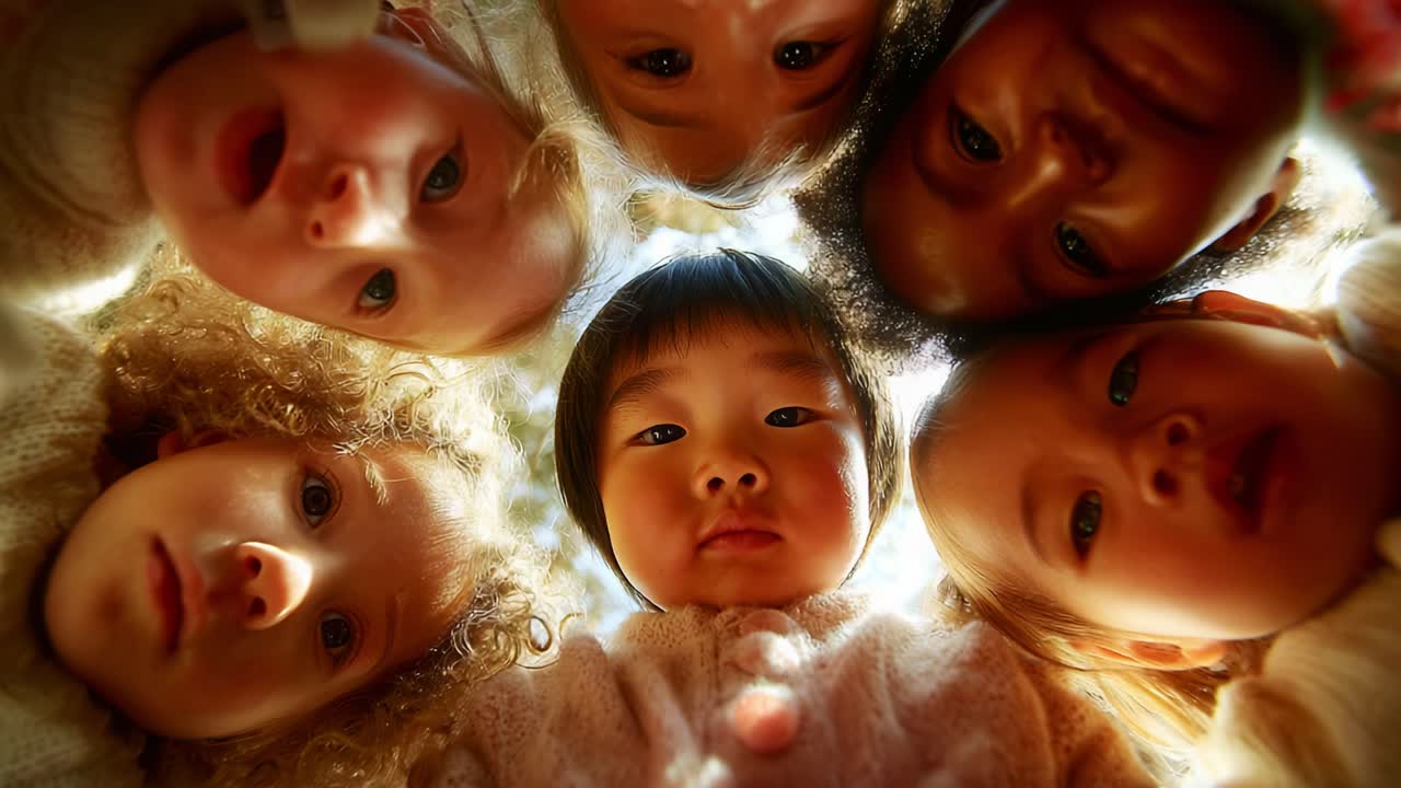 A close-up view of six children gathered together, showcasing their diverse expressions and features while looking down into the camera in a playful and joyful moment, captured beautifully