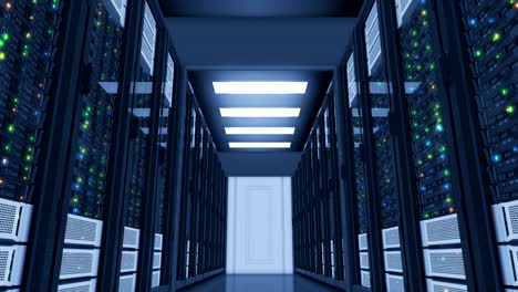 bellissimi server funzionanti in un moderno data center. muoversi attraverso. cloud computing storage di dati. calcoli complessi. animazione 3d in loop.