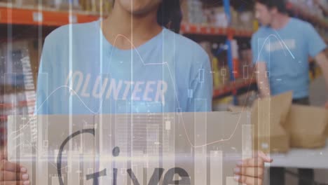 statistical data processing against african american female volunteer holding a placard at warehouse