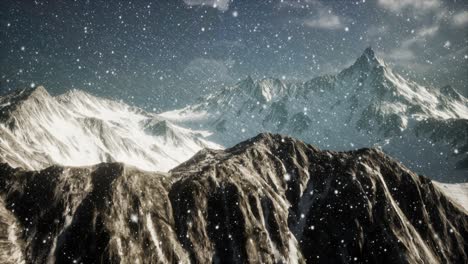 heavy snowing, focused on the snowflakes, mountains in the background