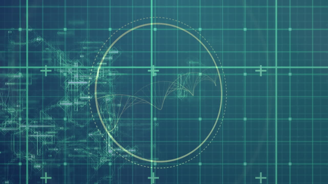 원형 스캐너와 입자가 녹색 그리드에서 데이터 처리를 통해 나선형을 형성하는 애니메이션