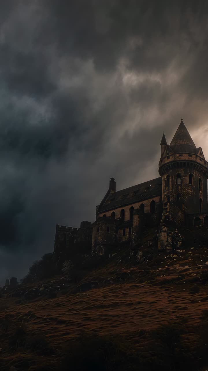 Vertical video: Shifting storm clouds casting light across medieval castle on hillside, copy space