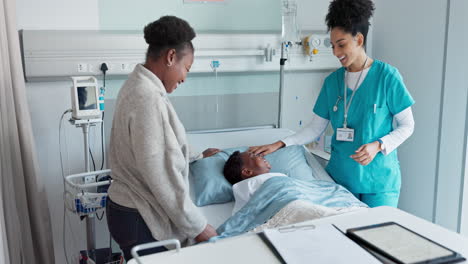 happy woman, doctor and child patient in checkup