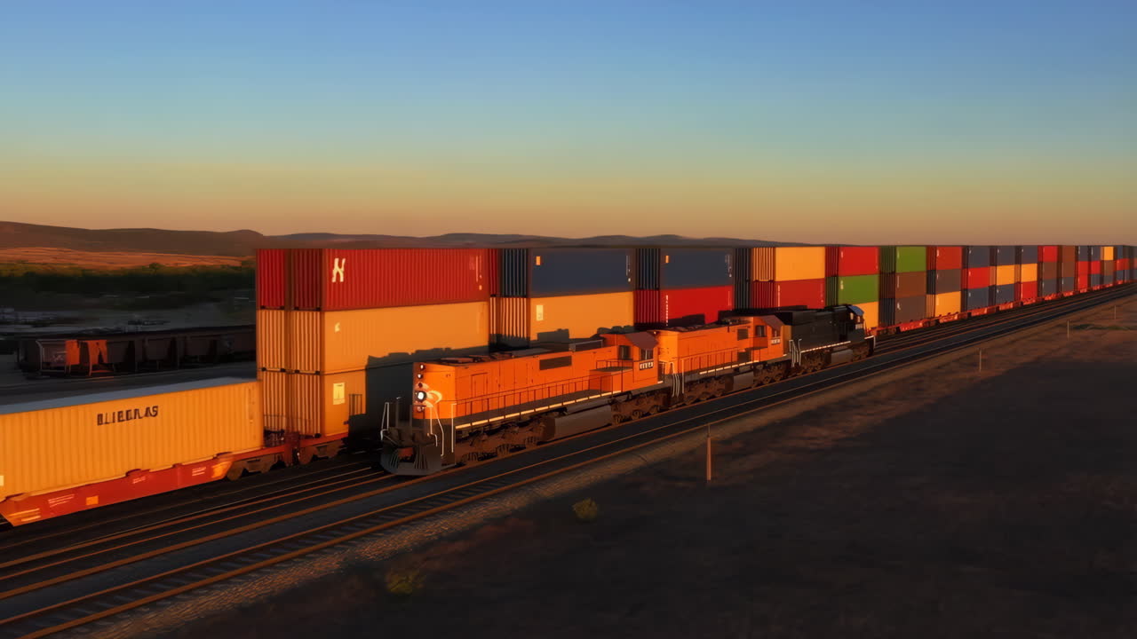 Long Freight Train Carrying Shipping Containers Through a Desert Landscape at Sunset