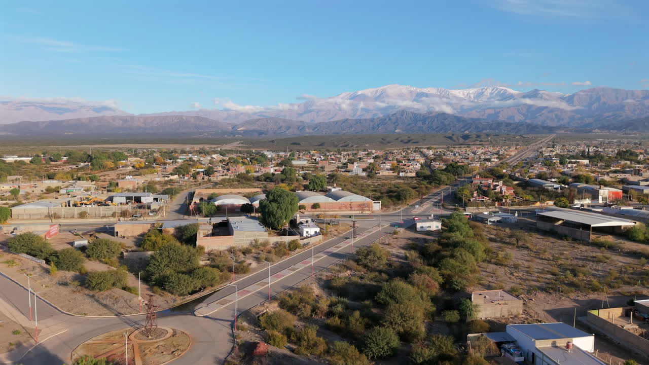 Aerial cityscape of Chilecito with the Andes mountains in the background, La Rioja Province, Argentina