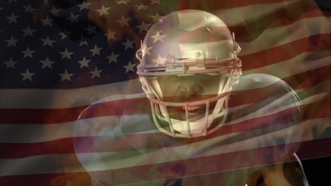 american football player waiting with fire animation and american flag on the background