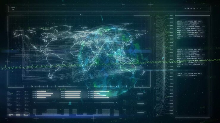 Global map appearing, data swirling, signal dots traveling, logs scrolling for monitoring