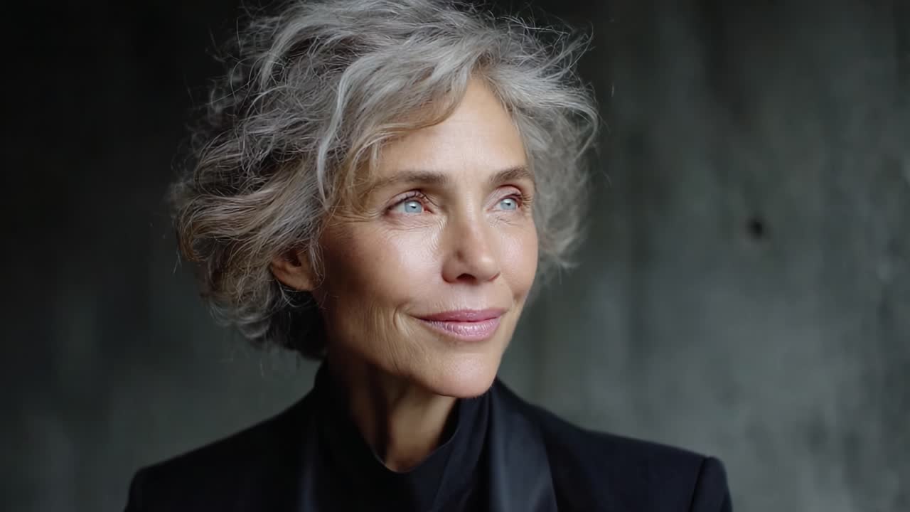 A Captivating Portrait of a Mature Woman with Graceful Features and an Engaging Expression, Set Against a Subtle Textured Background