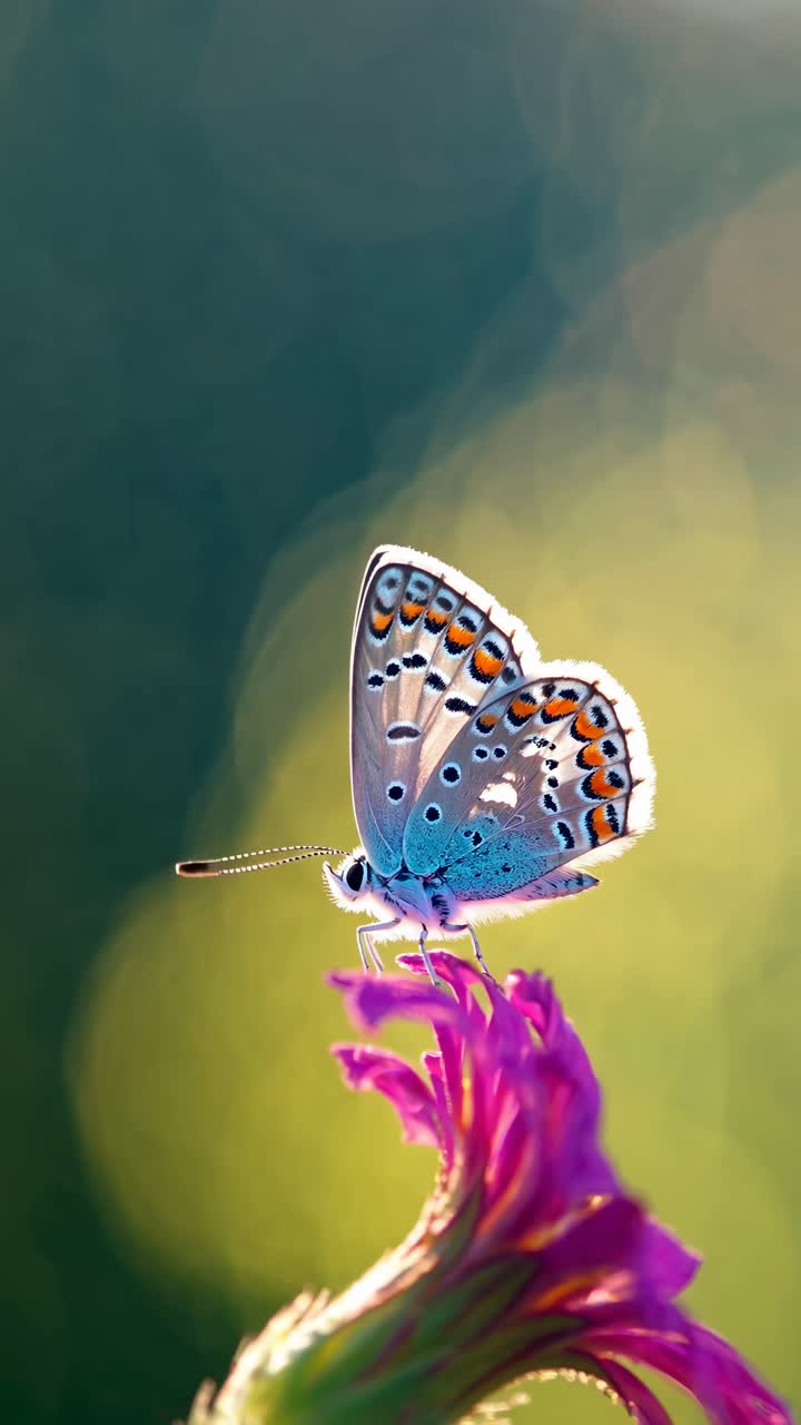Video ravvicinato di una farfalla su un fiore, ripreso da un angolo laterale