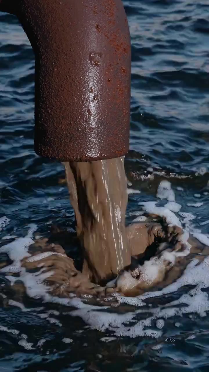 Polluted Water Discharging from a Rusty Pipe into the Sea