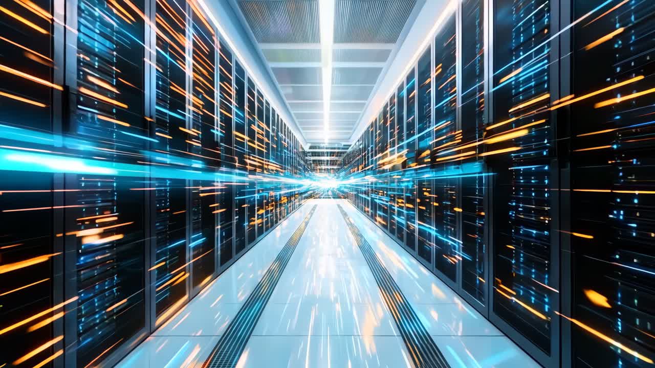 Un lungo corridoio in una sala server con file di server