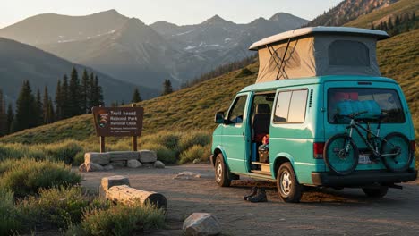 exploring the serenity of nature: a scenic view of a vintage van set against a majestic mountain backdrop at sunset