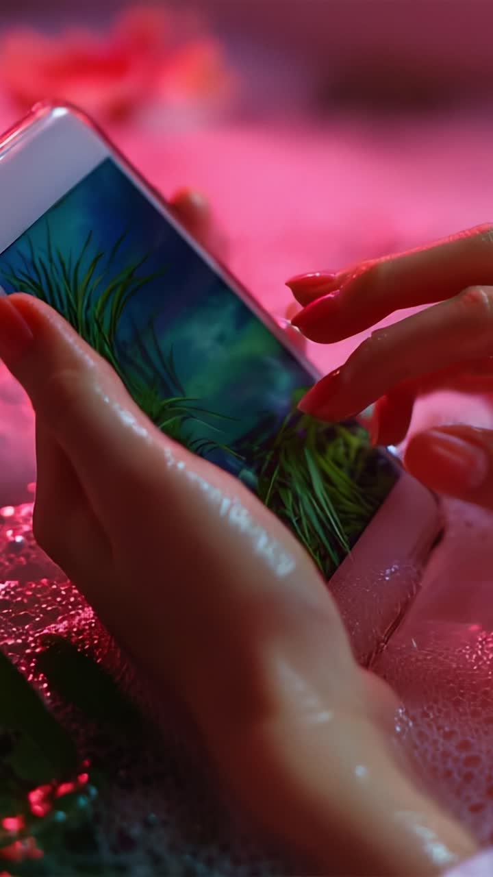 Primo piano di una mano che tiene uno smartphone in un ambiente rilassante con vasca da bagno, circondata da bolle e fiori, che evidenzia la connessione moderna tra tecnologia e relax