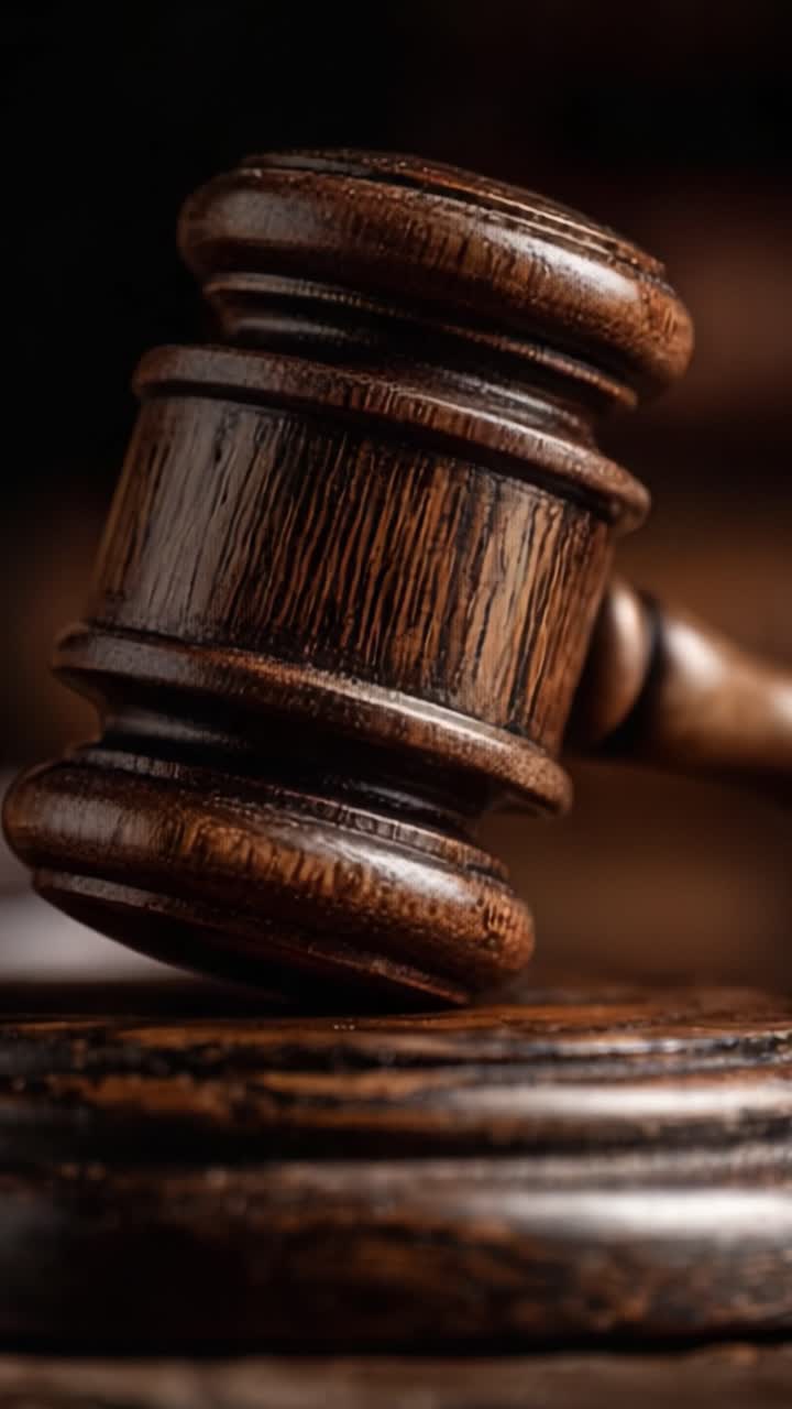 Una Vista Ravvicinata di un Martelletto di Legno, che ne Enfatizza la Trama Finemente Lavorata, Simboleggiando Giustizia, Autorità e la Professione Legale in un Contesto Giudiziario