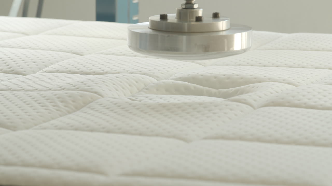 colchón que se prueba con una prensa hidráulica en una planta de producción de colchones - cerrar