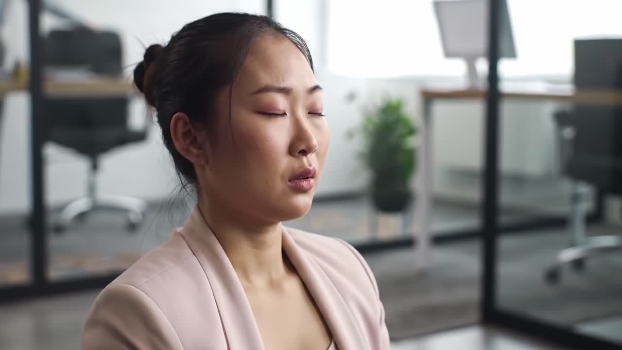A Moment of Calm: A Meditative Woman in a Modern Office Setting, Reflecting and Finding Inner Peace Amidst a Busy Environment
