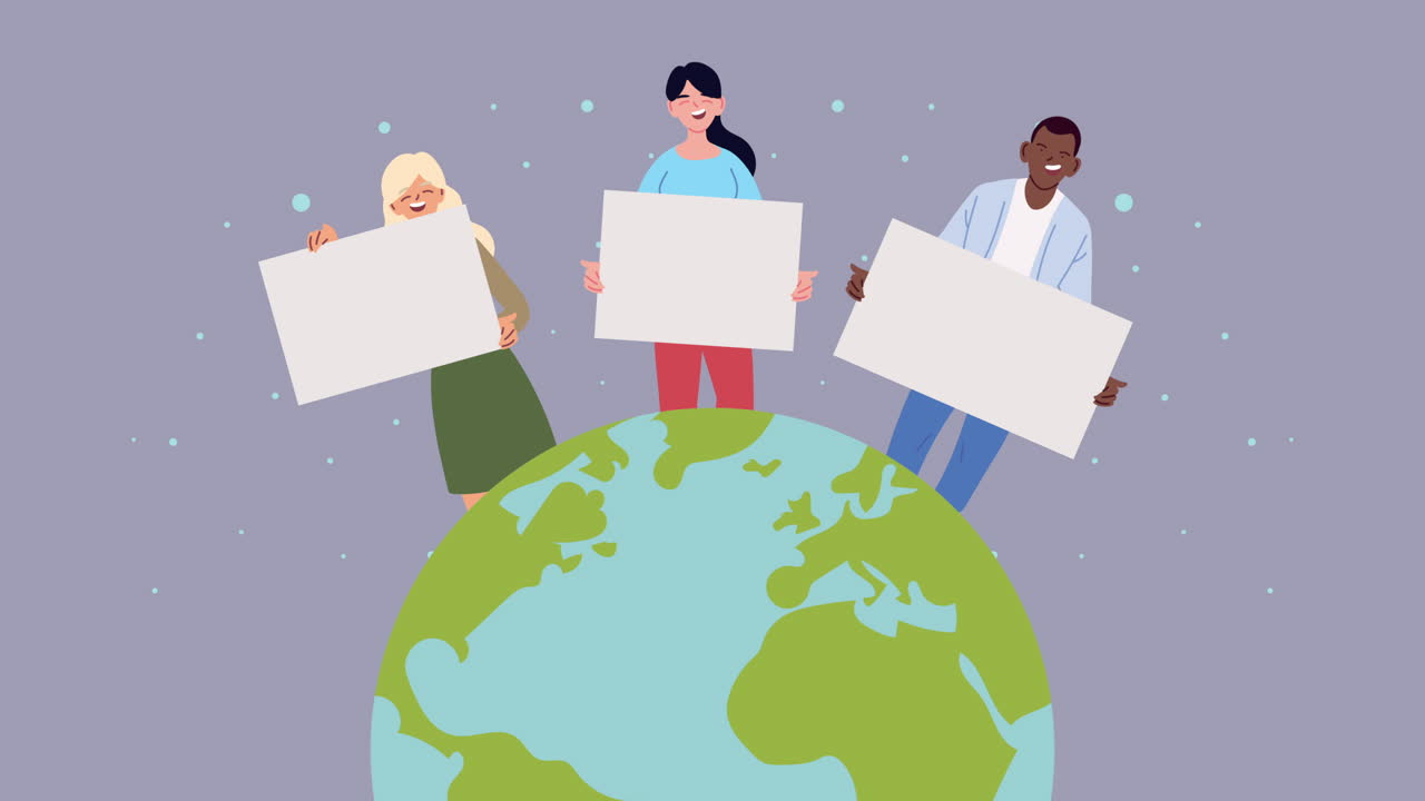지구 위 에 빈 표지판 을 들고 있는 사람 들