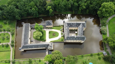 aerial view of a moated castle