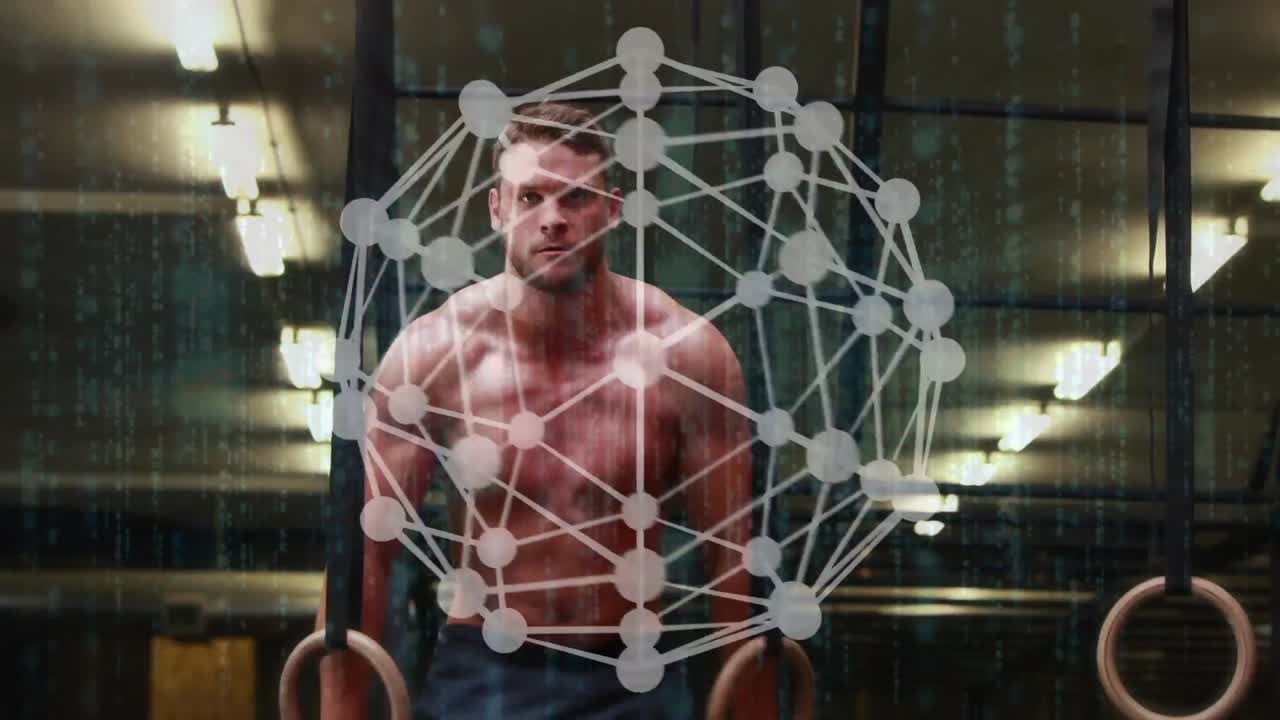 연결 네트워크와 데이터 처리에 대한 디지털 인터페이스의 애니메이션 스포츠맨